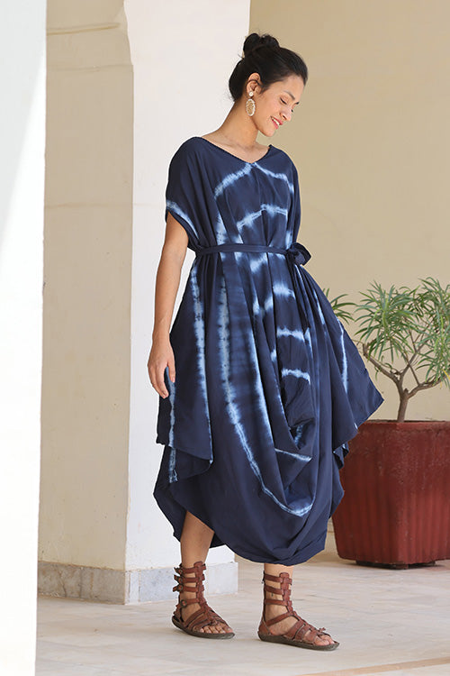 Stipple Embroidered Indigo Hand Block Printed Dress For Women