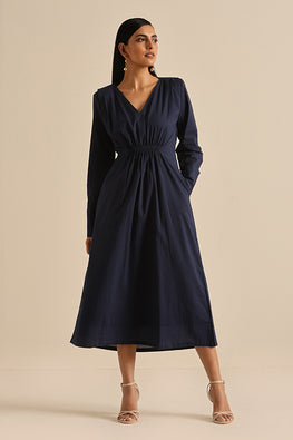 Okhai Composed Navy Blue V Neck Pure Cotton Dress For Women Online