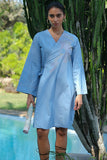 Wayfarer Sky Blue Hand Embroidered Cotton Wrap Dress For Women Online