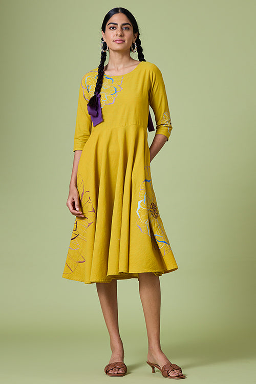 Okhai 'Daylily' Pure Cotton Hand Embroidered Mirror Work Dress