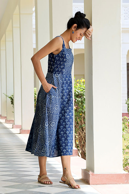 Okhai 'Indigo Spirit' Pure Cotton Hand Block Printed Dress