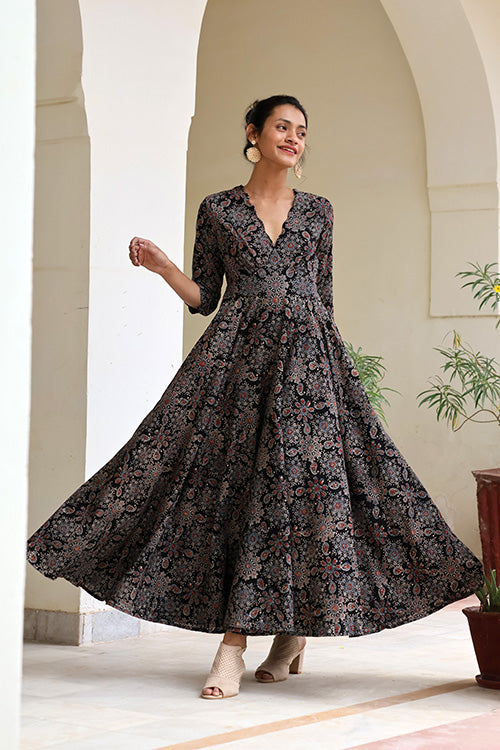 Okhai Ghoomar Pure Cotton Handblock Printed Ajrakh Dress For Women Online
