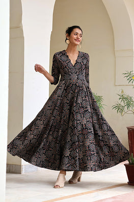 Okhai Ghoomar Pure Cotton Handblock Printed Ajrakh Dress For Women Online