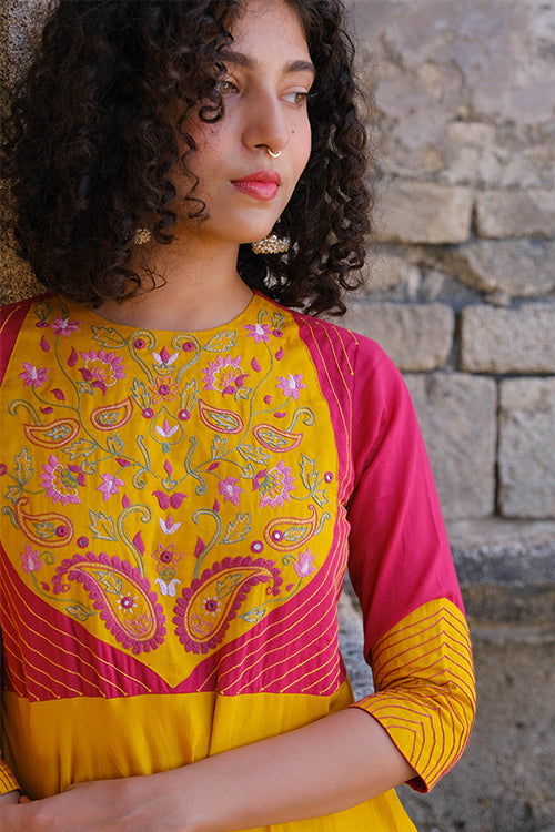 Okhai Solana Hand Embroidered Mul Cotton Yellow Dress For Women Online