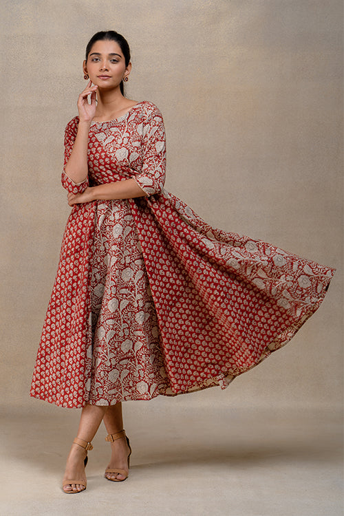 Chestnut Charm Handblock Printed Pure Cotton Flared Dress Online –  Okhaistore