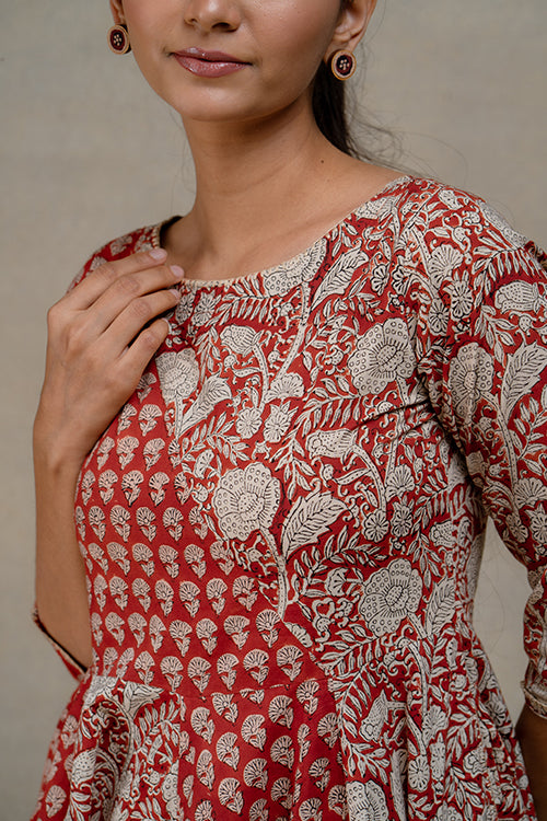 Chestnut Charm Handblock Printed Pure Cotton Flared Dress Online