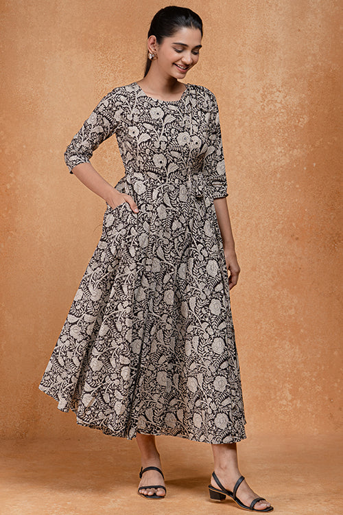 Okhai "Masquerade" Mirrorwork Handblock Printed Pure Cotton Fit and Flare Dress