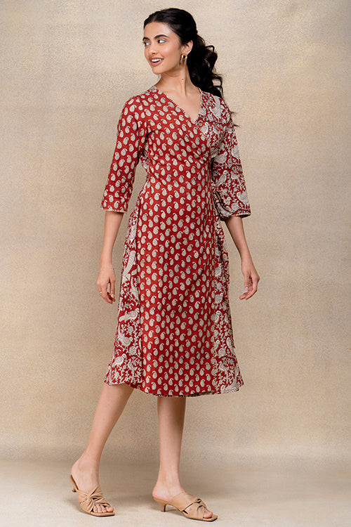 Okhai "Soaring Robin" Handblock Printed Pure Cotton Wrap Dress