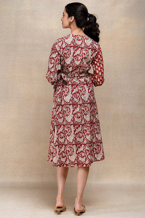 Okhai "Soaring Robin" Handblock Printed Pure Cotton Wrap Dress