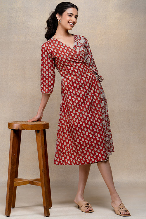 Okhai "Soaring Robin" Handblock Printed Pure Cotton Wrap Dress