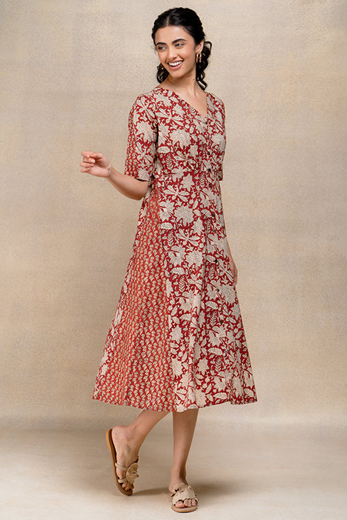 Inspire Red Handblock Printed Pure Cotton Dress For Women Online