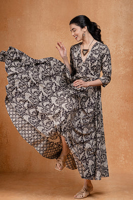 Night Heron Beadwork Handblock Printed Pure Cotton Dress For Women 