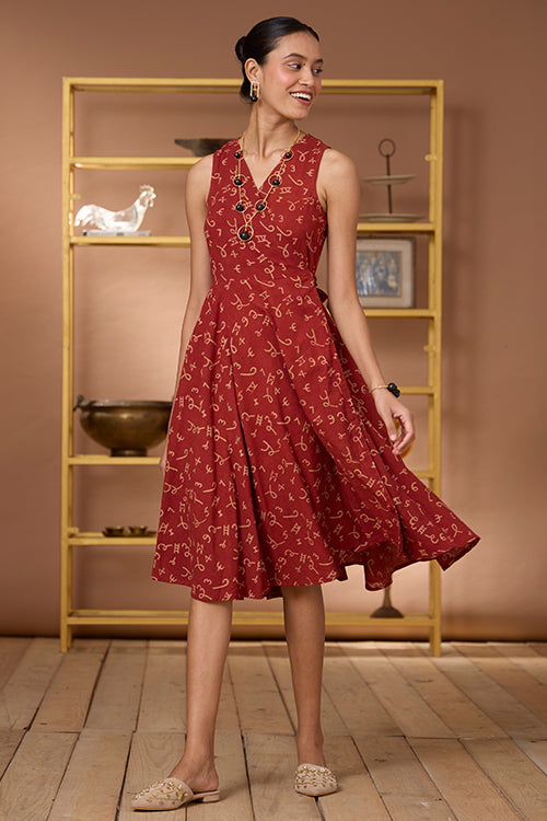 Numero Chic Cotton Ajrakh Handblock Printed  Sleeveless Wrap Dress Online