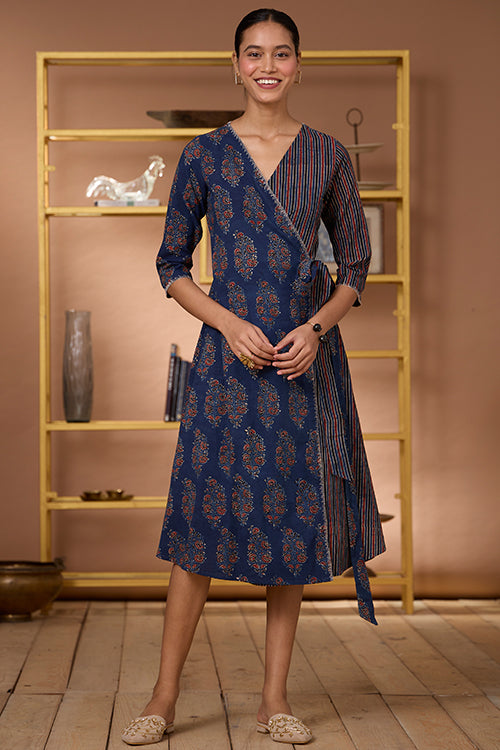 Indigo Chimes Embroidered Cotton Ajrakh Handblock Printed Wrap Dress Online