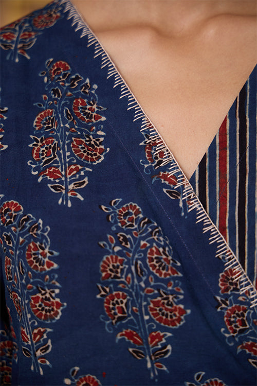 Okhai "Indigo Chimes"Hand Embroidered Handblock Printed Ajrakh Pure Cotton Wrap Dress