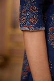 Okhai "Indigo Chimes"Hand Embroidered Handblock Printed Ajrakh Pure Cotton Wrap Dress