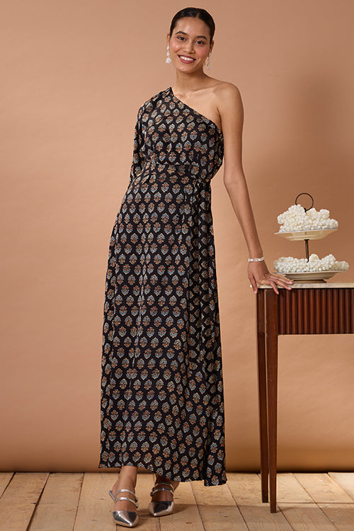 Garnet Gypsy Chanderi Silk Ajrakh Handblock Printed One Shoulder