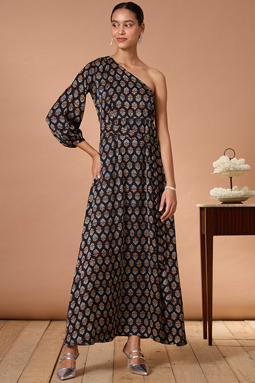 Garnet Gypsy Chanderi Silk Ajrakh Handblock Printed One Shoulder Dress Online