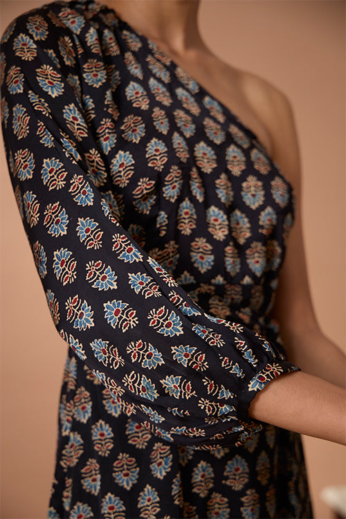 Garnet Gypsy Chanderi Silk Ajrakh Handblock Printed One Shoulder