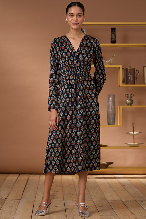 Royal Topaz Printed Chanderi Silk Ajrakh V-neckline Dress Online