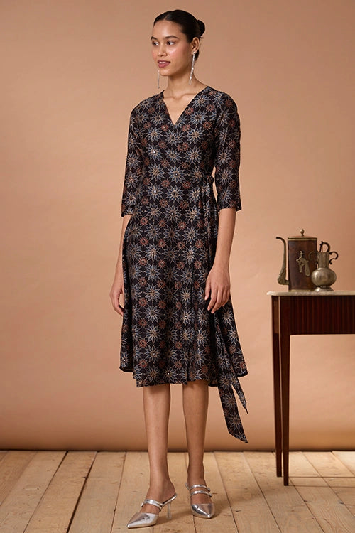 Okhai "Neelam" Hand Embroidered Mirrorwork Handblock Printed Chanderi Silk Ajrakh Wrap Dress