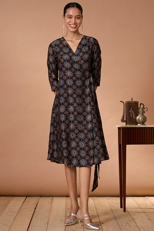 Okhai "Neelam" Hand Embroidered Mirrorwork Handblock Printed Chanderi Silk Ajrakh Wrap Dress