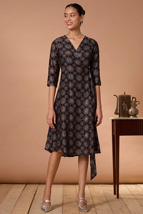 Okhai "Neelam" Hand Embroidered Mirrorwork Handblock Printed Chanderi Silk Ajrakh Wrap Dress