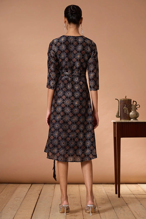 Okhai "Neelam" Hand Embroidered Mirrorwork Handblock Printed Chanderi Silk Ajrakh Wrap Dress