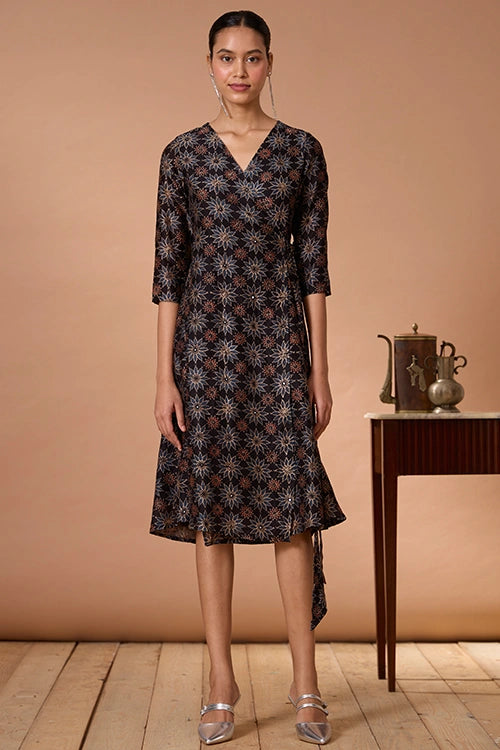 Okhai "Neelam" Hand Embroidered Mirrorwork Handblock Printed Chanderi Silk Ajrakh Wrap Dress