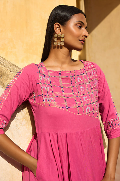 Okhai "Adalaj" Hand Embroidered Mirror and Beadwork Pure Cotton Fit-and-Flared Dress