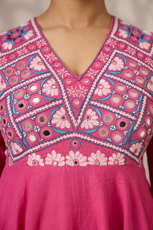 Okhai "Albeli" Hand-Embroidered Mirrorwork Pure Cotton Flared Dress