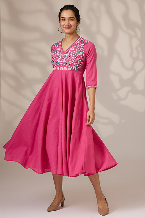 Okhai "Albeli" Hand-Embroidered Mirrorwork Pure Cotton Flared Dress