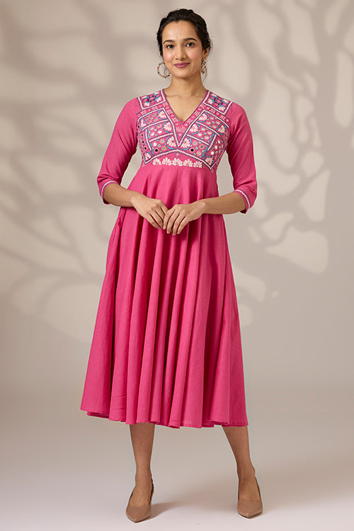 Okhai "Albeli" Hand-Embroidered Mirrorwork Pure Cotton Flared Dress