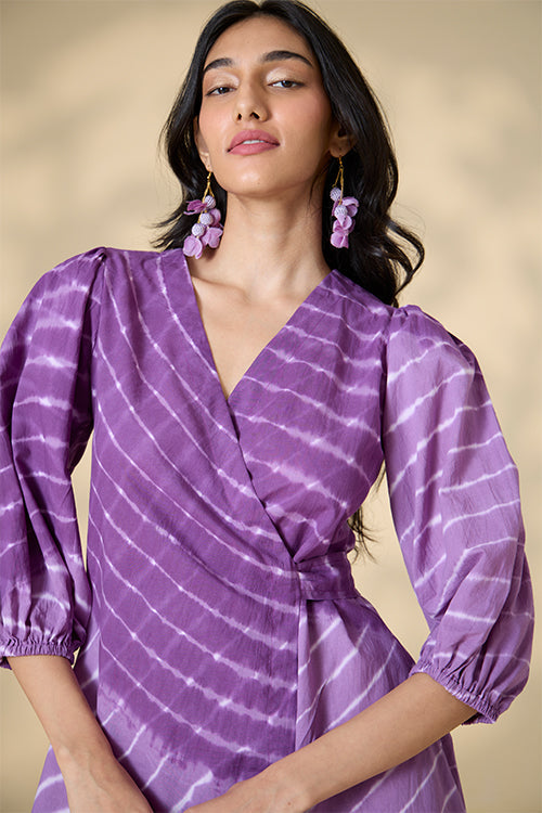Okhai "Hawaiian Dreams" Tie-and-Dye Pure Cotton Purple Wrap dress| Rescue