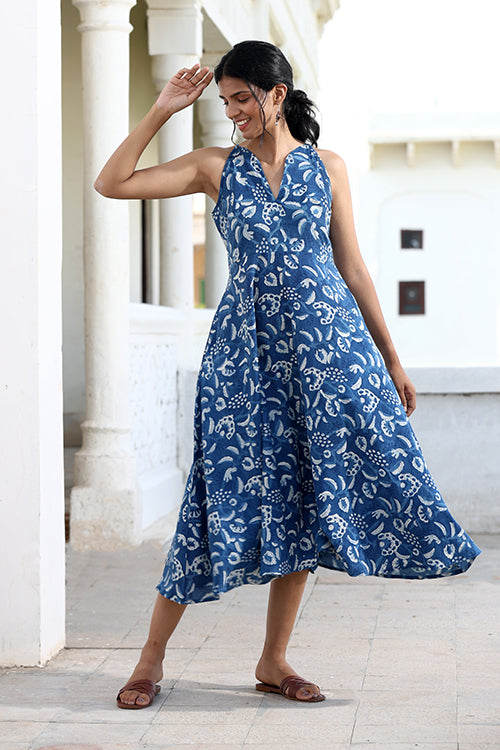 Okhai "Cobalt Cove" Handblock Printed Pure Cotton Indigo Sleeveless Dress