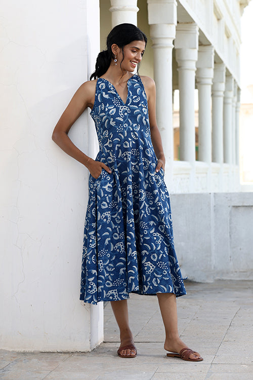 Okhai "Cobalt Cove" Handblock Printed Pure Cotton Indigo Sleeveless Dress