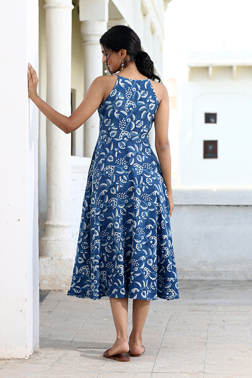 Okhai "Cobalt Cove" Handblock Printed Pure Cotton Indigo Sleeveless Dress