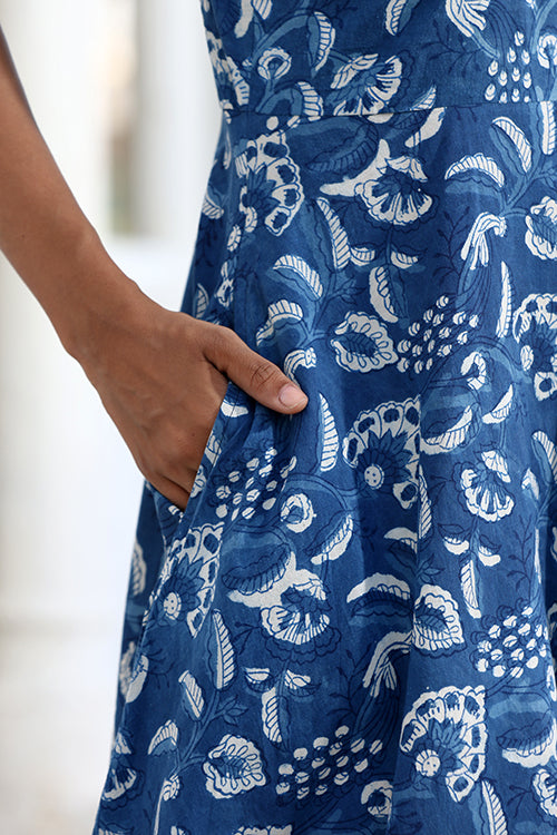 Okhai "Cobalt Cove" Handblock Printed Pure Cotton Indigo Sleeveless Dress