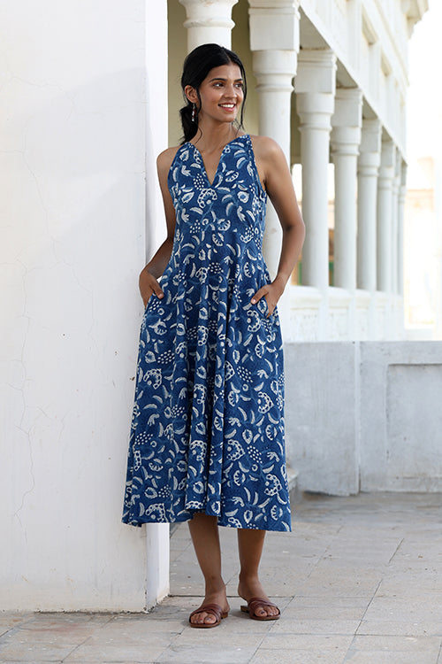 Okhai "Cobalt Cove" Handblock Printed Pure Cotton Indigo Sleeveless Dress