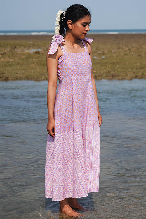 Okhai "Lily Nymph" Handblock Printed Pure Cotton Purple Dress