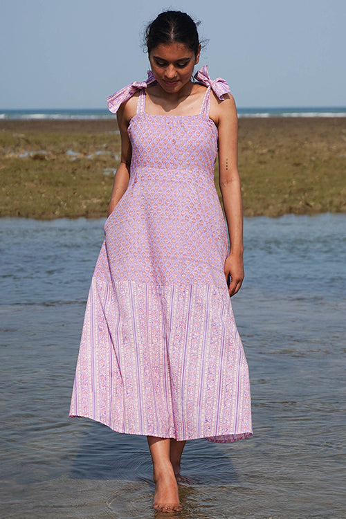 Okhai "Lily Nymph" Handblock Printed Pure Cotton Purple Dress