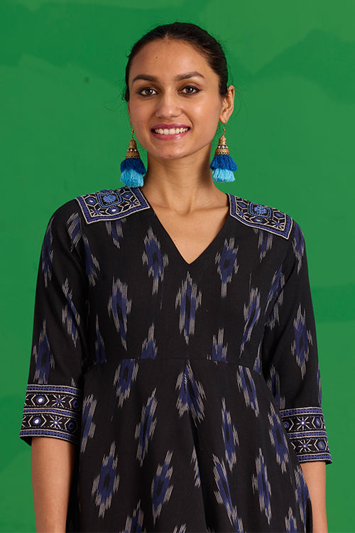 Okhai “Nilgiri” Hand-Embroidered and Mirror work Ikkat Pure Cotton Dress