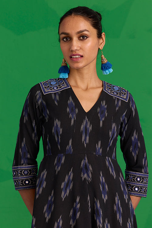 Okhai “Nilgiri” Hand-Embroidered and Mirror work Ikkat Pure Cotton Dress