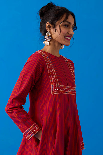 Okhai “Agasthi” Hand-Embroidered Bead and Mirror work Ikkat Pure Cotton Dress