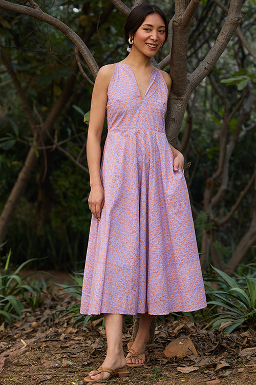 Okhai "Soft Serenade" Hand-block Printed Purple Pure Cotton Dress