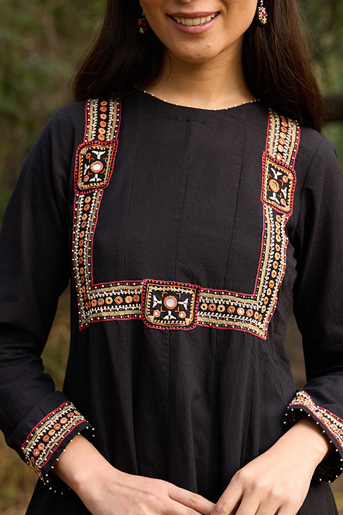 Okhai “Myriam” Hand-Embroidered Mirrorwork and Beadwork Pure Cotton Black Dress