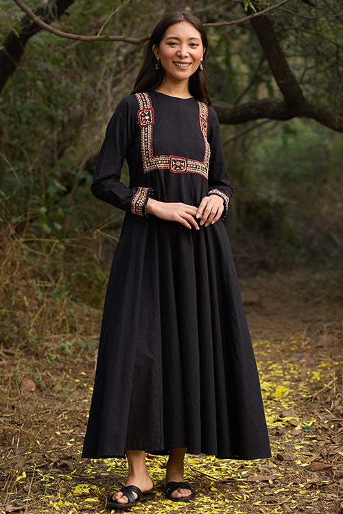 Okhai “Myriam” Hand-Embroidered Mirrorwork and Beadwork Pure Cotton Black Dress