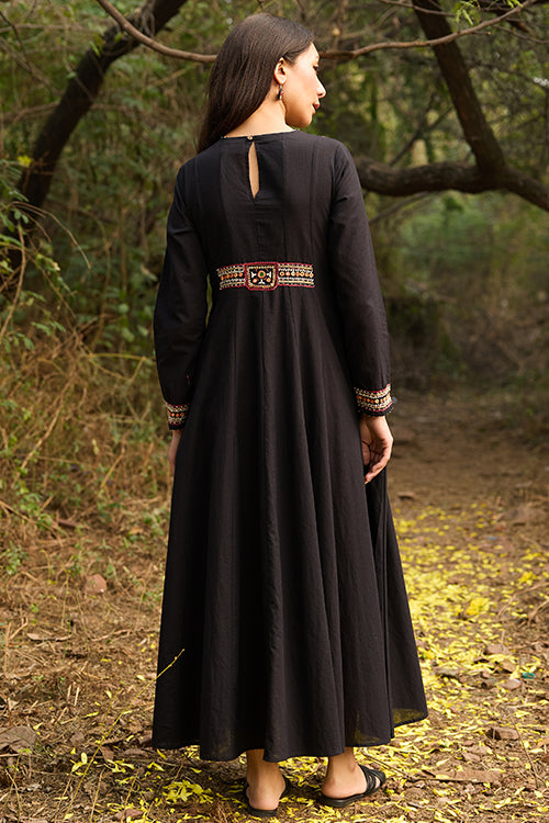 Okhai “Myriam” Hand-Embroidered Mirrorwork and Beadwork Pure Cotton Black Dress