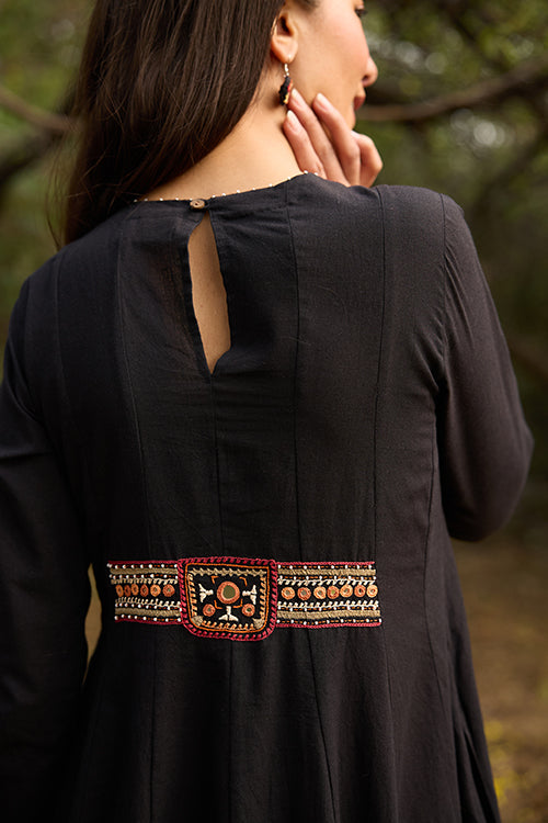 Okhai “Myriam” Hand-Embroidered Mirrorwork and Beadwork Pure Cotton Black Dress