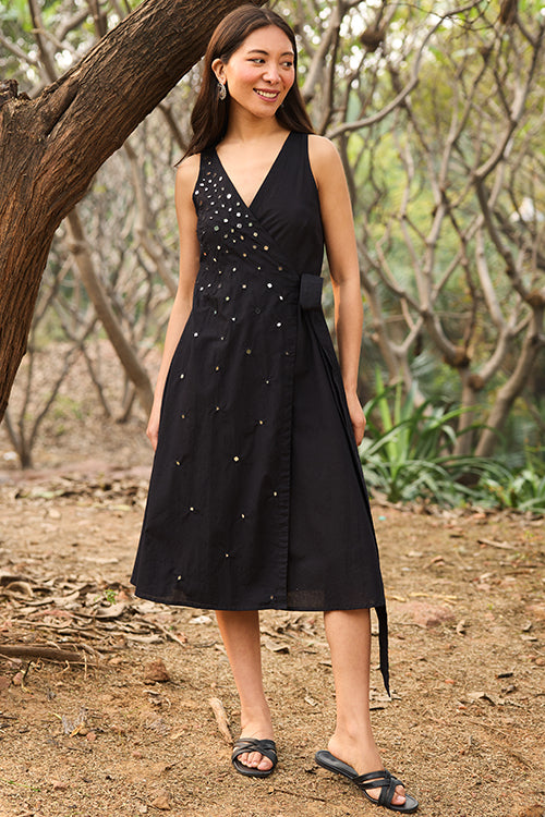 Okhai “Starlit” Hand-Embroidered Mirrorwork Pure Cotton Wrap Dress